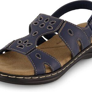 Women's Faux Leather Comfort Sandal Wide Fit Foam Sole Slip On Navy 8.5